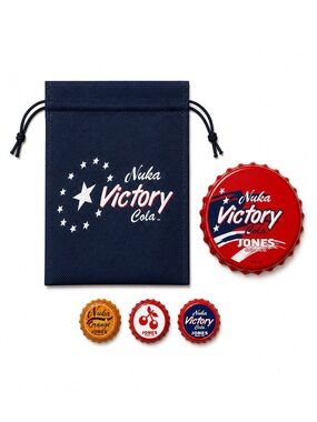 FALLOUT JONES SODA NUKA VICTORY COLA BOTTLE OPENER MAGNET , 3 CAPS, AND MINI BAG